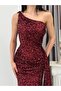 Burgundy One Shoulder Buckle Detail Sequin Evening Dress - 5