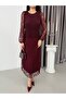 Burgundy Lace Embroidered Pleated Layered Dress - 6