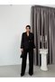 Black Tulle Sleeve Pleated Double-Breasted Collar Jacket Blouse - 3