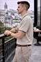 Men's Cotton in Patterned Comfortable Beige Polo Neck T-Shirt - 2