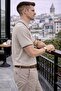 Men's Cotton in Patterned Comfortable Beige Polo Neck T-Shirt - 4