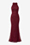 Women's Burgundy Slim Fit Halter Neck Stone Long Fish Evening Dress - 7