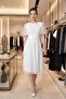 Women's White Balloon Sleeve Mesh Fabric Detailed Midi Flared Evening Dress - 5