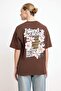 Kahverengi Çiçekli Oversize/Geniş Kalıp Sırt Baskılı Uzun %100 Pamuk Örme T-Shirt TWOSS24TS00183 - 4