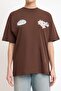 Kahverengi Çiçekli Oversize/Geniş Kalıp Sırt Baskılı Uzun %100 Pamuk Örme T-Shirt TWOSS24TS00183 - 3