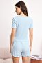 Açık Mavi Dantel ve Gül Aksesuar Detaylı Fitilli Şortlu Örme Pijama Takımı THMSS25PT00417 - 4