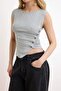 Gri Melanj Fitted/Vücuda Oturan Kayık Yaka Düğmeli Crop Yumuşak Örme Bluz TWOSS26BZ00153 - 3