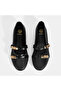 Women's Black Leather Ballerinas with Metal Buckle Accessories - 6
