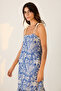 Blue Linen Blend Patterned Full-Fit Dress with Rope Straps