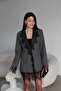 Tulle Detail Padded Shoulders Lined Design Premium Anthracite Gray Jacket - 2
