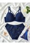 Lace Panties with Strap Support and Navy Blue Bra Set