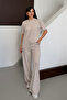 Women's Modal Fabric Short Sleeve Tracksuit Set 1098 Stone - 7