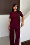 Women's Modal Fabric Short Sleeve Tracksuit Set 1098 Claret Red - 8