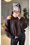 Women's Brown Tulle Detailed Off-Shoulder Blouse - 4