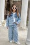 Girls' Heart-Embellished Blue Denim Pants and Denim Jacket Set - Holiday Collection