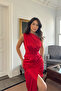 Fiona One Sleeve Draped Satin Red Evening Dress - 5
