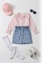 6-9 Years Old Girl's 3-Piece Set – Collared Shirt, Embroidered Denim Skirt, and Pantyhose - 6