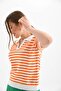 Women's Polo Neck Short Sleeve Striped Knit Sweater 10021