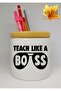 Teacher Themed Printed Ceramic Pen Holder Wooden Detailed Pen Box Teacher's Day Gift