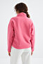 Candy Pink Half Zipper Gathered Hem Stand Collar Standard Fit Women's Fleece Sweatshirt - 97234 - 8
