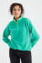Sea Green Half Zipper Skirt Hem Gathered High Neck Standard Fit Women's Fleece Sweatshirt - 97234 - 3