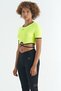 Neon Yellow Waist Tie Detailed O Neck Standard Fit Diving Fabric Women's Crop T-Shirt - 97266 - 3
