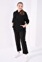 Black Classic Leg Stone Detailed Women's Large Size Tracksuit Bottom - 94040 - 2