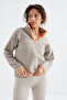 Dark Beige Half Zipper Skirt Hem Gathered High Neck Standard Fit Women's Fleece Sweatshirt - 97234 - 2