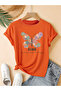 Women's Flower Butterfly Printed Crew Neck Regular Fit Oversized T-Shirt