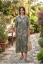 Women's Italian Khaki Batik Rose Pattern Long Sleeve Long Linen Shirt Dress
