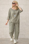 Women's 100% Linen Fabric Mesh Pocket Trucker Sleeve Blouse and Mesh Detailed Tassel Trousers 2-Piece Combination with Surprise Bracelet Gift