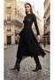 Women's Velvet Patterned Lined Asymmetrical Cut Midi Skirt with Elastic Waist - 3