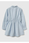 Girl's Blue Belted Dress Striped Shirt Collar - 2