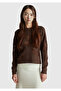Women's dark brown wool blend patterned crew neck sweater