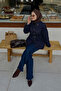 Women's Front Pleated Gold Button Detail Shirt Navy Blue - 6