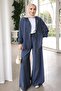 Navy Blue Hooded Wide-Leg Jacket and Pants Set - 2