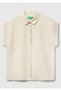 Women's Stone Color 100% Linen Shoulder Detailed Short Sleeve Shirt - 2