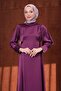 Purple Cufflinked Waist Belted Satin Evening Dress - 2