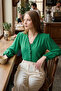 Women's Dark Green Long Sleeve Blouse with Ruffle Detail on Collar and Front, Elastic Sleeves ARM-25K001030