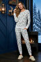 Women's White Kokina Patterned Pajama Set – Camisole Collar and Cuffs, Curved Hem