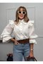 Women's White Retro Wide Collar Scallop Embroidery Ruffle Long Balloon Sleeve Linen Shirt - 2
