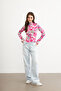 Women's Gray Pink Floral Patterned Body Suit with Finger Detail - 7