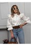 Women's White Retro Wide Collar Scallop Embroidery Ruffle Long Balloon Sleeve Linen Shirt - 5