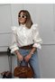 Women's White Retro Wide Collar Scallop Embroidery Ruffle Long Balloon Sleeve Linen Shirt - 3