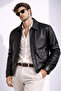Men's Black Faux Leather Bomber Oversize Jacket with Elastic Waist and Inner Pocket - 3