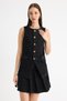 Black Washed Pleated Detailed Mini Skirt and Sleeveless Button Detailed Blazer Vest/Jacket Two-Piece Set