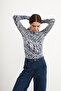 Women's Indigo Short Wave Patterned Body Suit with Finger Detail - 2