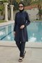 3-Piece Set (Top-Bottom) Tie-Waist Shirt Collar Zippered Burkini Quick-Drying Hijab Swimsuit Navy Blue