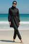 3-Piece Set (Top-Bottom) Tie-Waist Shirt Collar Zippered Burkini Quick-Drying Hijab Swimsuit Black - 2