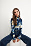 Women's Indigo Gray Square Patterned Body Suit with Finger Detail - 3